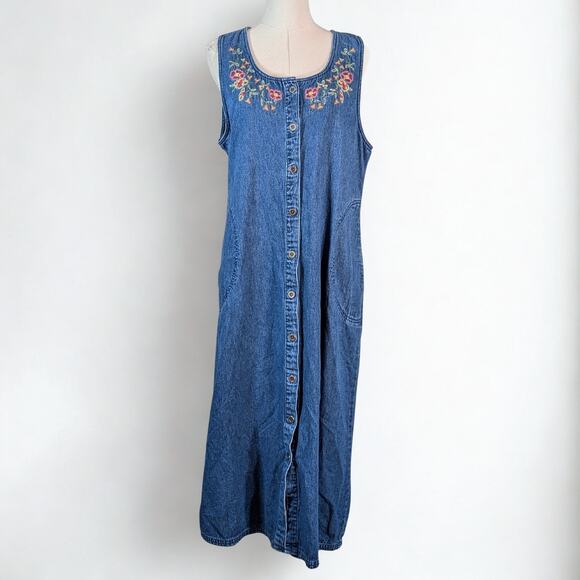 Vintage White Stag Embroidered Floral Denim Maxi Dress Button Front Medium 90s - Picture 1 of 6